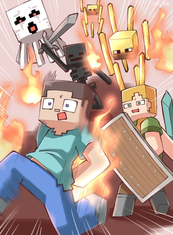 1boy, 1girl, :o, alex_(minecraft), black_eyes, blaze_(minecraft), blonde_hair, blue_eyes