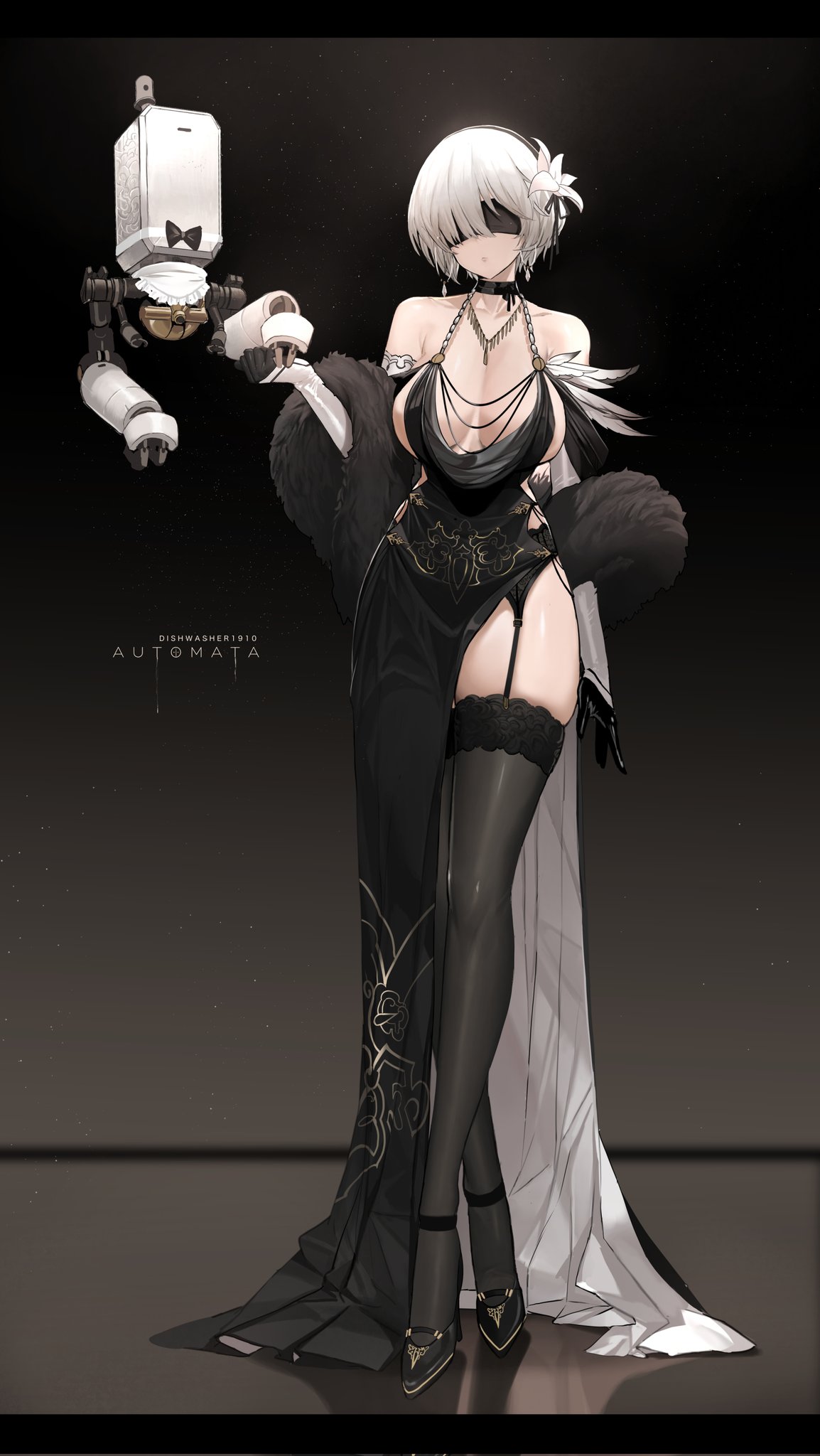 1girl, black_dress, blindfold, dishwasher1910, dress, highres, mole, nier_(series), nier_automata, no_bra, non-web_source, short_hair, thighs, white_hair, yorha_no._2_type_b