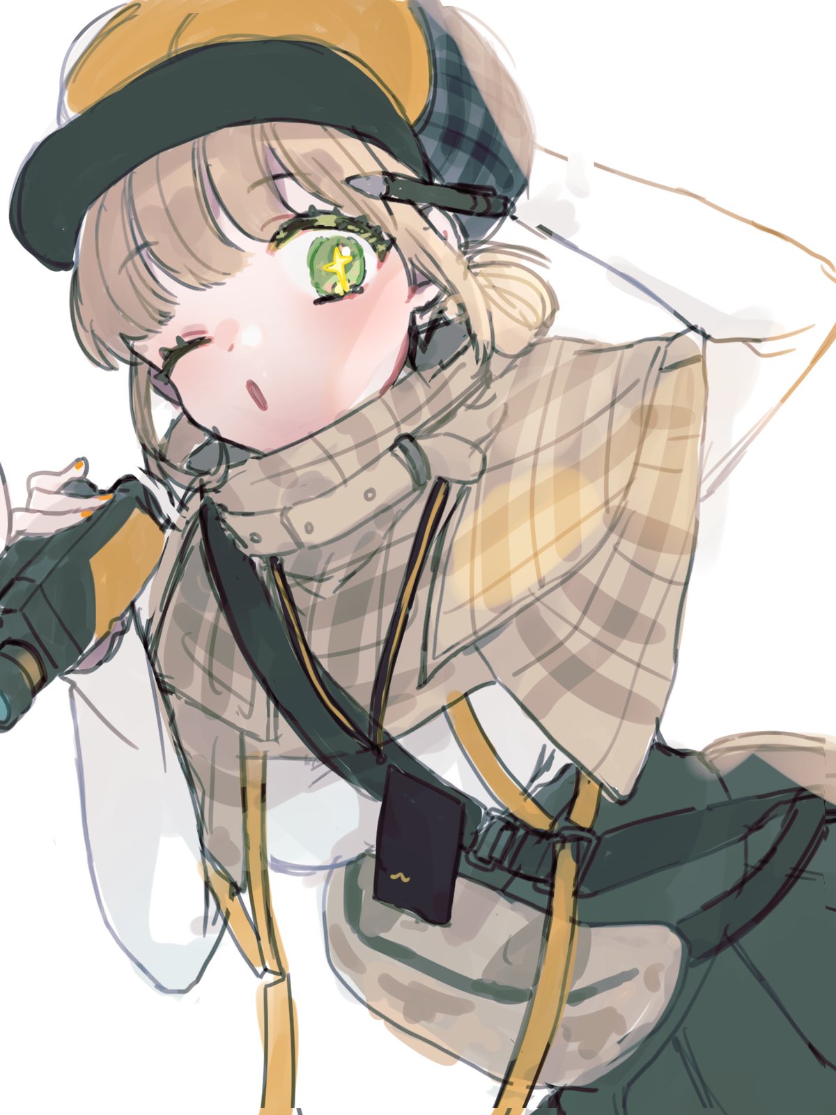 +_+, 1girl, :o, arm_behind_head, bag, bangs, binoculars, black_skirt, blush, breasts, capelet, chi_di_mo, double_bun, goddess_of_victory:_nikke, green_eyes, hair_bun, hat, highres, holding, holding_binoculars, light_brown_hair, long_sleeves, looking_at_viewer, novel_(nikke), one_eye_closed, parted_lips, pen, pen_behind_ear, plaid, plaid_capelet, shirt, simple_background, skirt, solo, white_background, white_shirt