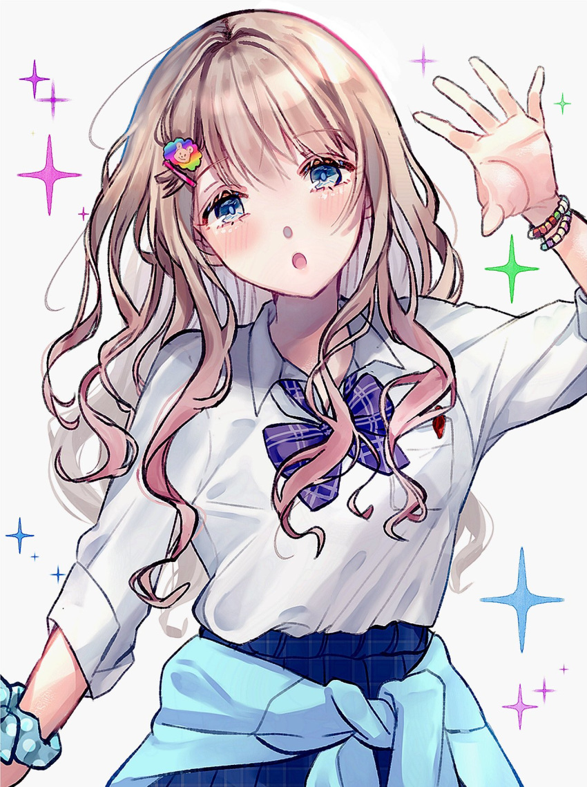 1girl, aqua_scrunchie, armlet, bead_bracelet, beads, blue_cardigan, blue_eyes, blue_skirt