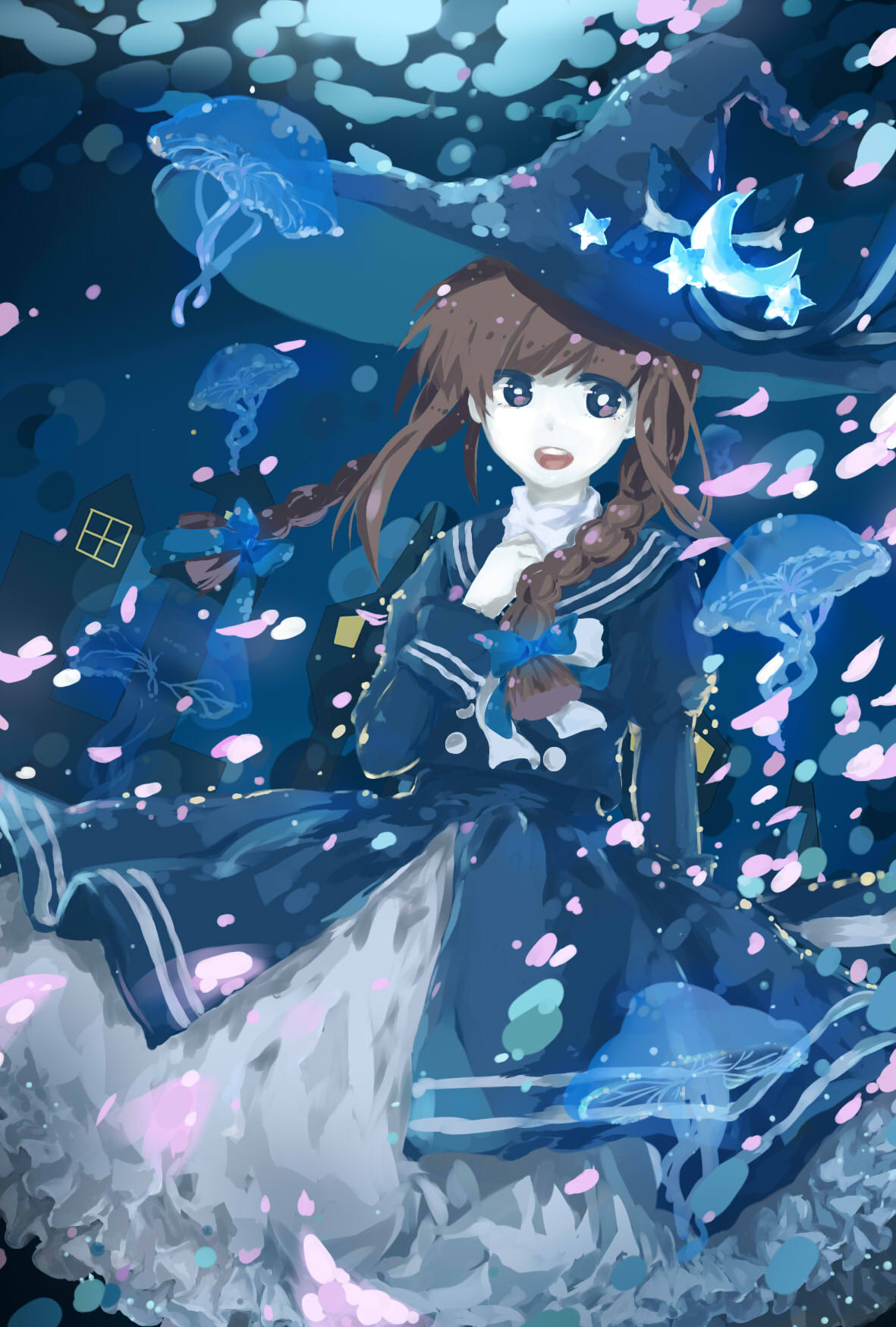1girl, air_bubble, bangs, black_dress, braid, brown_eyes, brown_hair, bubble, commentary_request, crescent, dress, funamusea, futago, hair_ornament, hand_on_own_chest, hat, highres, jellyfish, oounabara_to_wadanohara, open_mouth, ribbon, solo, star_(symbol), star_hair_ornament, teeth, tongue, twin_braids, underwater, wadanohara, white_ribbon, witch_hat