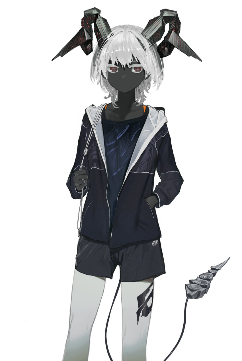 1girl, :|, black_horns, black_jacket, black_shorts, black_skin, blue_shirt, bright_pupils