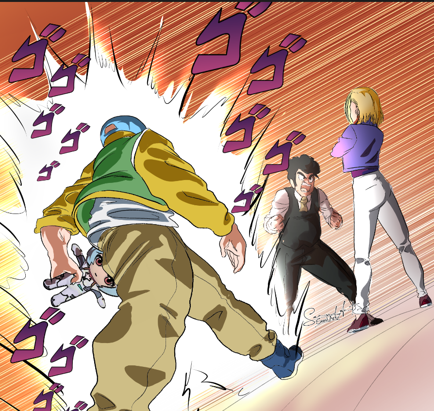 1girl, 2boys, android_18, aura, ayanami_rei, blonde_hair, character_doll, clenched_hands