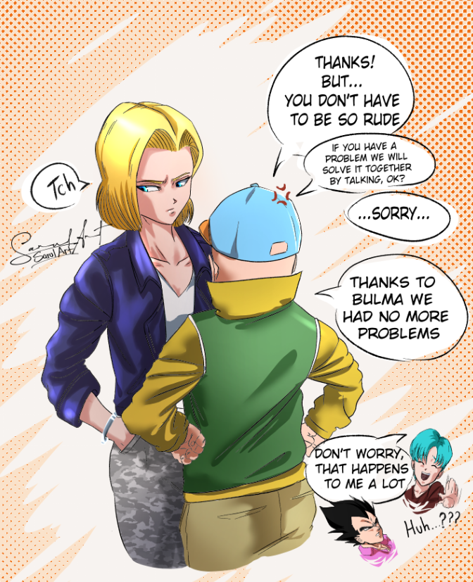 2boys, 2girls, android_18, anger_vein, black_hair, blonde_hair, blue_eyes, blue_hair