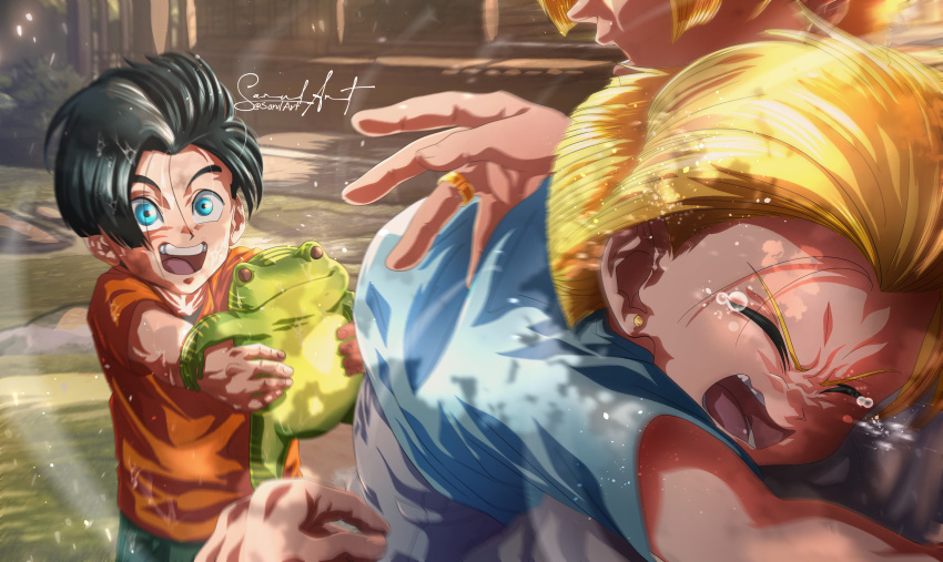 1girl, 2boys, aged_down, android_17, android_18, animal, black_hair, blonde_hair, blue_eyes, brother_and_sister, closed_eyes, commentary, crying, dragon_ball, dragon_ball_z, earrings, english_commentary, father_and_daughter, father_and_son, female_child, frog, highres, holding, holding_animal, jewelry, male_child, multiple_boys, open_mouth, orange_shirt, sarulart, shirt, siblings, signature, smile, stud_earrings, tears
