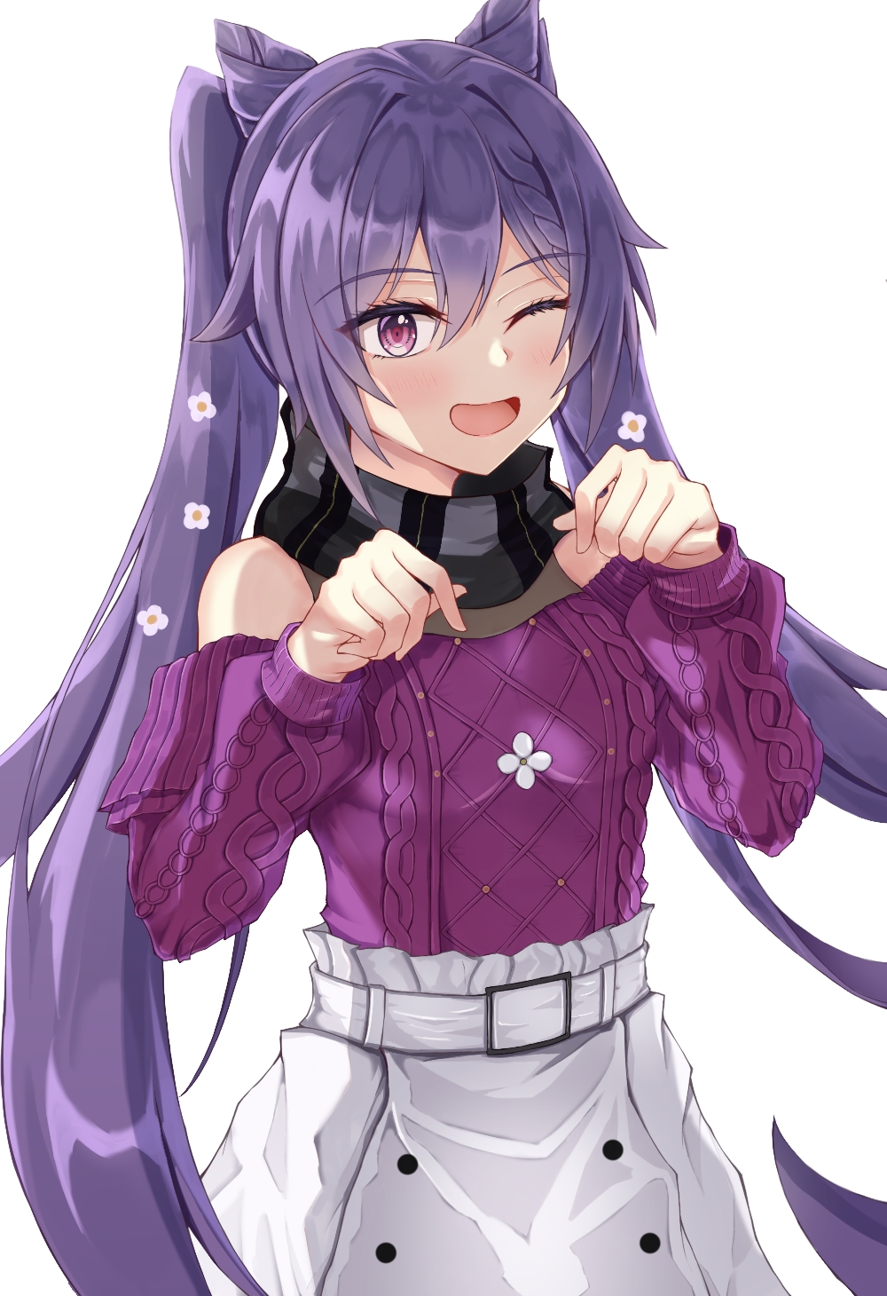 1girl, ;d, bangs, belt, casual, commentary, cone_hair_bun, contemporary