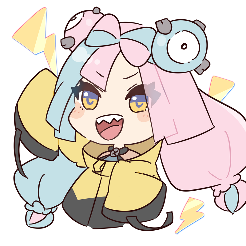 1girl, bow-shaped_hair, character_hair_ornament, chibi, hair_ornament, hexagon_print, iono_(pokemon), jacket, long_hair, low-tied_long_hair, natsuyagi, oversized_clothes, pokemon, pokemon_(game), pokemon_sv, sharp_teeth, sleeves_past_fingers, sleeves_past_wrists, solo, teeth, twintails, very_long_sleeves, x, yellow_jacket
