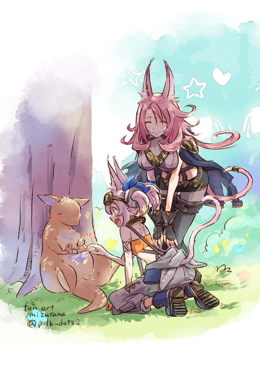 2girls, animal_ears, bangs, blush, closed_mouth, duel_monster, goggles, goggles_on_head