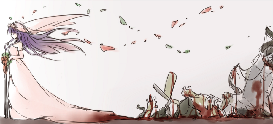 1girl, asagami_fujino, bangs, blood, bouquet, closed_eyes, dress, falling_petals