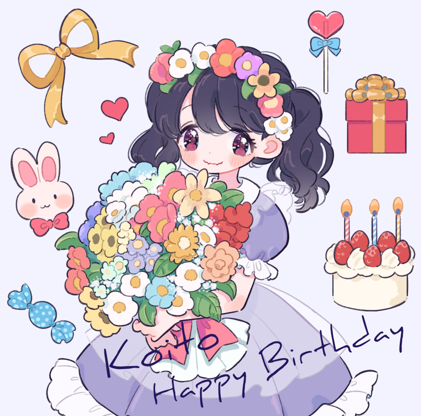 1girl, bangs, birthday_cake, black_hair, bouquet, box, cake, candy