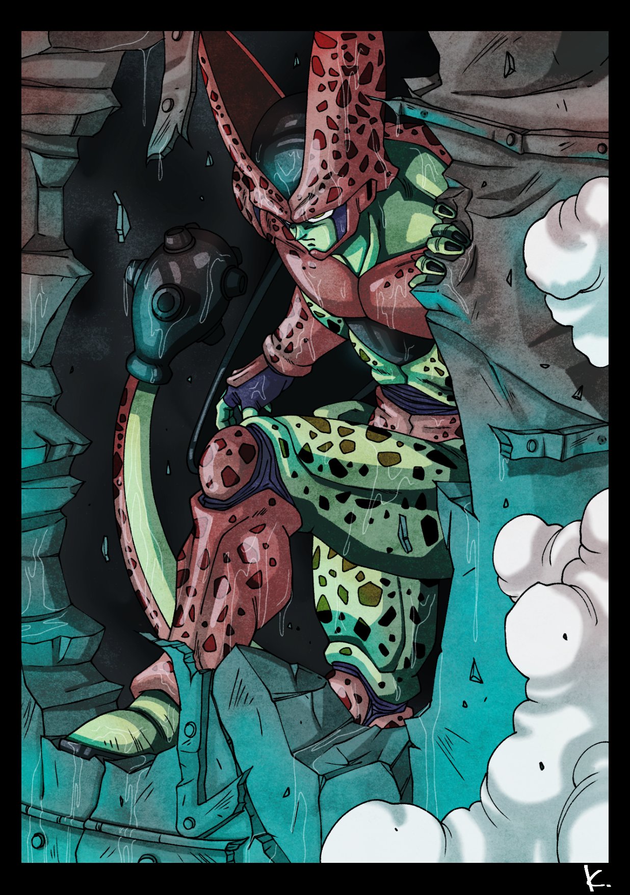 1boy, alternate_universe, black_border, border, broken, cell_(dragon_ball), cell_max, dragon_ball