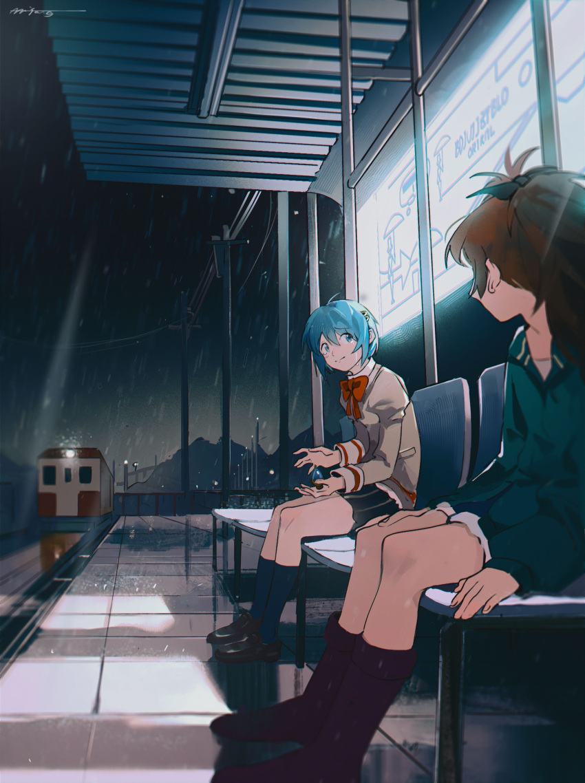 2girls, absurdres, bangs, black_footwear, black_skirt, blue_eyes, blue_gemstone, blue_hair, blue_jacket, blue_socks, boots, bow, bowtie, commentary, crying, crying_with_eyes_open, facing_another, from_side, gem, ground_vehicle, hair_bow, hair_ornament, hairclip, hand_on_own_thigh, high_ponytail, highres, jacket, juliet_sleeves, knee_boots, loafers, long_sleeves, looking_at_another, mahou_shoujo_madoka_magica, miki_sayaka, mitakihara_school_uniform, multiple_girls, night, night_sky, outdoors, power_lines, puffy_sleeves, purple_footwear, rain, red_bow, red_bowtie, redhead, sad_smile, sakura_kyouko, sanyang003, school_uniform, shoes, short_hair, sitting, skirt, sky, smile, socks, soul_gem, symbol-only_commentary, tears, train, train_station, utility_pole, yellow_jacket