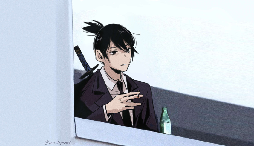 1boy, balcony, beer_bottle, ben_affleck_smoking_(meme), black_hair, black_jacket, black_necktie, carrotsprout, chainsaw_man, cigarette, collared_shirt, day, hayakawa_aki, highres, holding, holding_cigarette, jacket, katana, looking_afar, meme, necktie, shirt, short_hair, solo, sword, topknot, twitter_username, weapon, weapon_on_back, white_background, white_shirt, white_sky