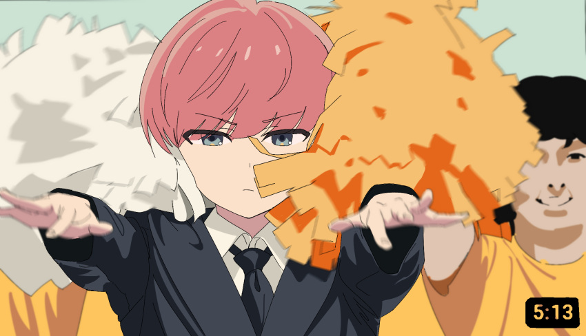 1girl, 1other, arms_up, black_jacket, black_necktie, black_suit, blue_eyes, bob_cut