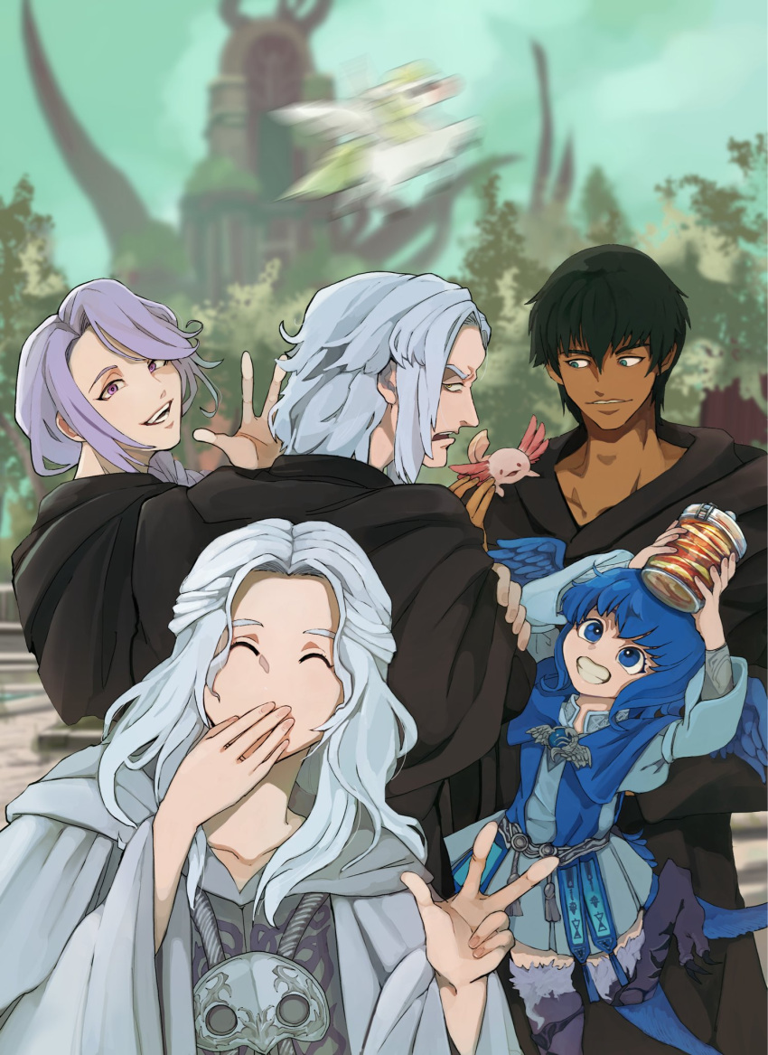 >:(, 2girls, 3boys, ^_^, animal_on_shoulder, annoyed, arms_up, axolotl