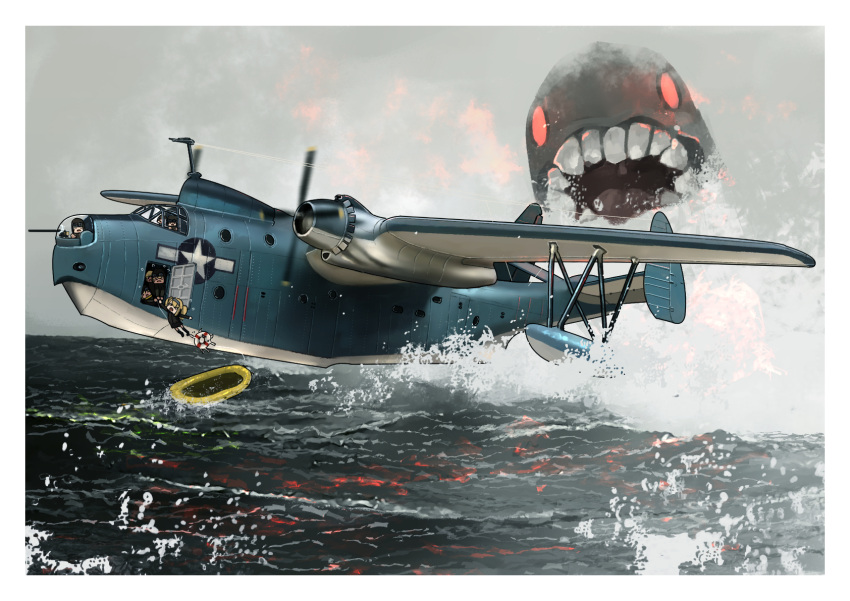 6+girls, abyssal_ship, aircraft, airplane, blonde_hair, day, enemy_lifebuoy_(kancolle), fairy_(kancolle), flying_boat, highres, i-class_destroyer, kantai_collection, lifeboat, multiple_girls, ocean, outdoors, propeller, roundel, star_(symbol), timmyyen, twintails
