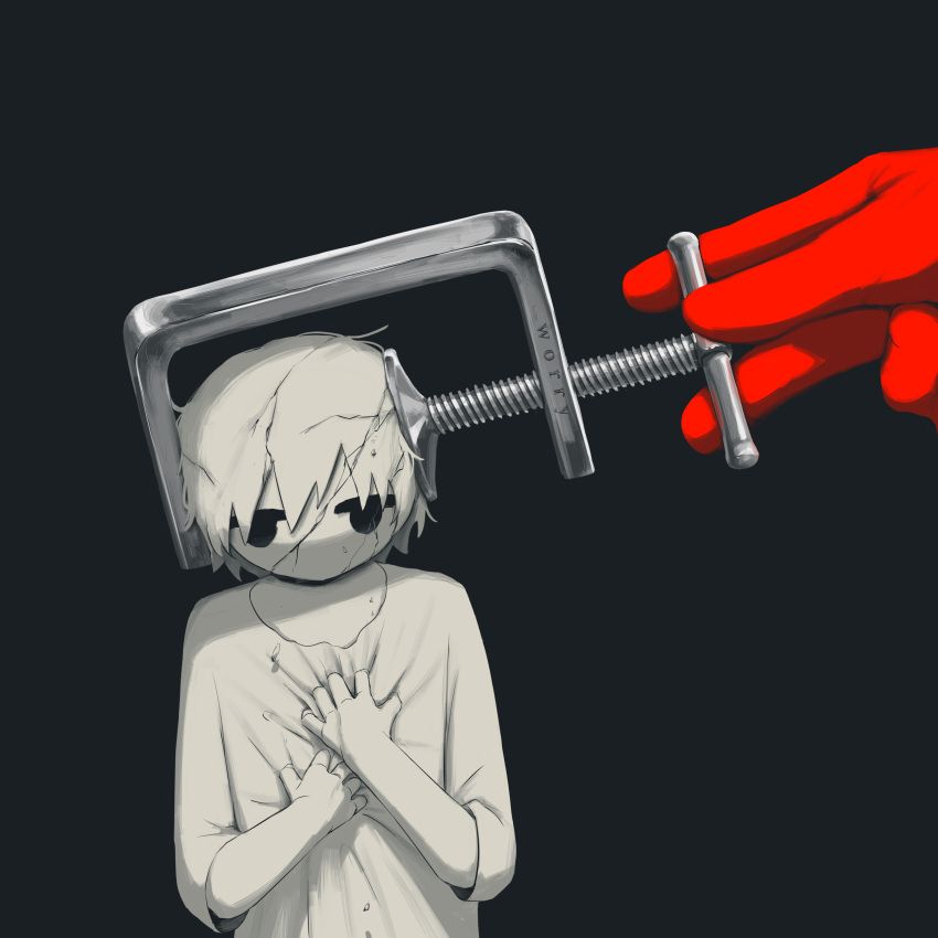 1boy, 1other, absurdres, avogado6, black_background, black_eyes, clamp_(tool), clutching_chest