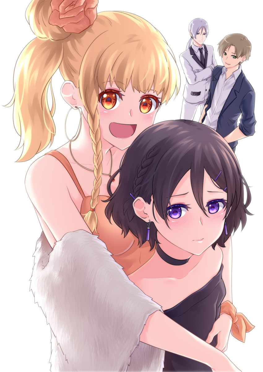 2boys, 2girls, absurdres, bare_shoulders, black_hair, black_necktie, blonde_hair, blue_jacket
