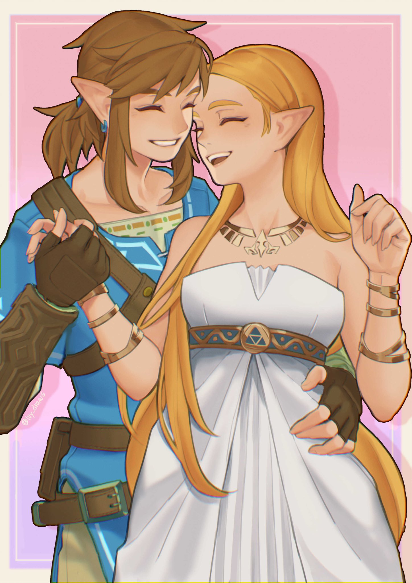 1boy, 1girl, :d, bangs, bare_shoulders, belt, blonde_hair, blush