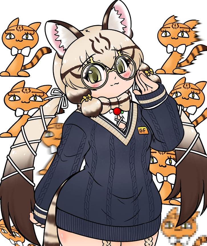 1girl, animal_costume, animal_ear_fluff, animal_ears, bow, bowtie, cat_ears, cat_girl, cat_tail, closed_mouth, edamamezooooo, extra_ears, geoffroy's_cat_(kemono_friends), glasses, green_eyes, grey_hair, kemono_friends, kemono_friends_v_project, long_hair, looking_at_viewer, microphone, multicolored_hair, ribbon, shirt, smile, sweater, tail, twintails, virtual_youtuber
