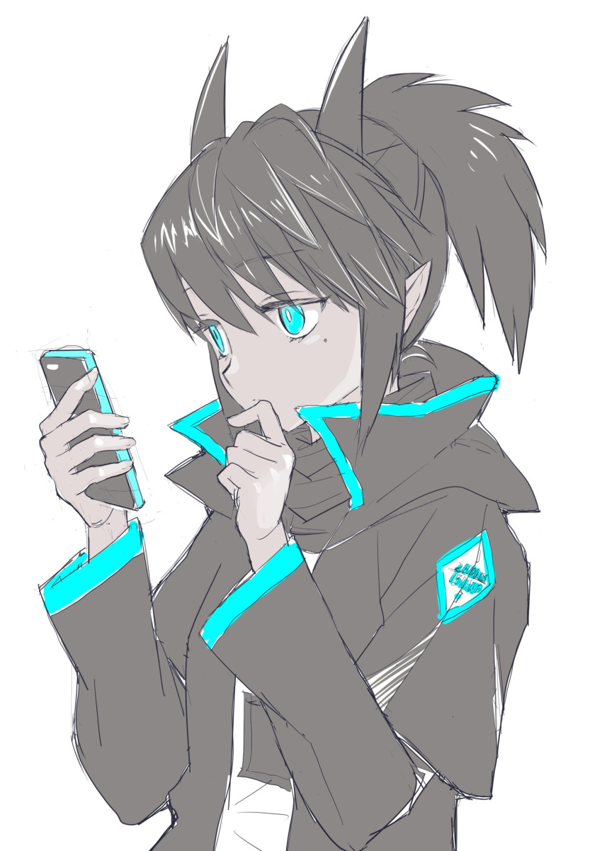 1girl, arknights, black_hair, blue_eyes, cellphone, highres, holding, holding_phone, horns, jacket, looking_at_phone, mask, mask_removed, mole, mole_under_eye, oni, oni_horns, phone, rhodes_island_logo, shiratamaya8, smartphone, solo, yato_(arknights)