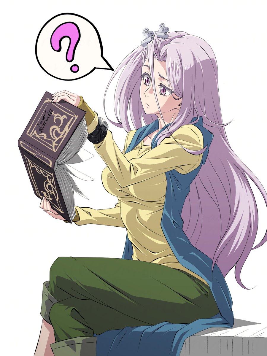1girl, baron_(varon666), book, breasts, closed_mouth, collarbone, cosplay, crossed_legs, fuuto_tantei, green_pants, hair_ornament, hairclip, highres, holding, holding_book, kamen_rider, kamen_rider_w, large_breasts, long_hair, long_sleeves, open_book, pants, philip_(kamen_rider), philip_(kamen_rider)_(cosplay), purple_hair, reading, shirt, simple_background, sitting, solo, tokime_(fuuto_tantei), violet_eyes, white_background, yellow_shirt