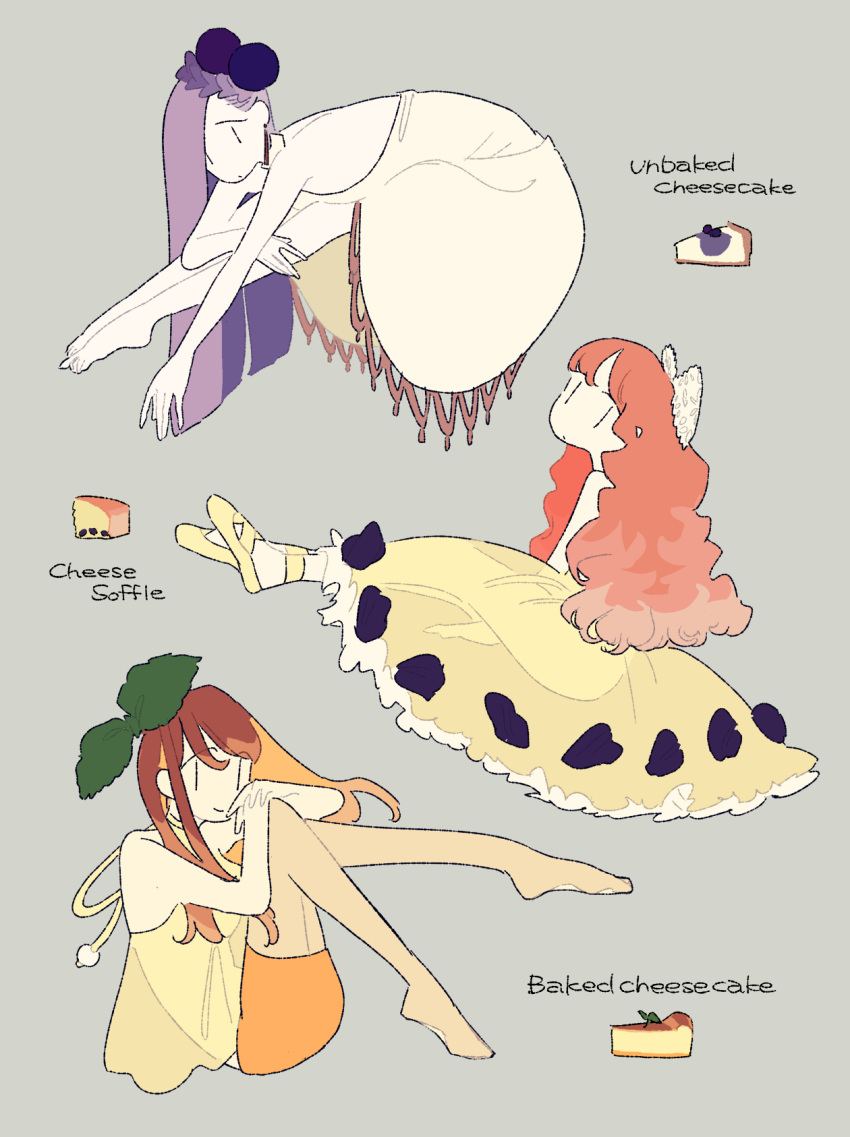 3girls, ankle_strap, arm_rest, arm_support, asymmetrical_bangs, ballet_slippers, bangs, bare_arms, bare_shoulders, barefoot, blunt_ends, bow, braid, brown_hair, cake, cake_slice, cheesecake, closed_mouth, commentary, cross-laced_footwear, dress, earrings, english_commentary, english_text, expressionless, floating_hair, food, french_braid, from_behind, from_side, full_body, gradient_hair, green_bow, grey_background, hair_behind_ear, hair_bow, hasha, highres, jewelry, knees_to_chest, knees_together_feet_apart, knees_up, large_bow, leaning_forward, legs_together, long_hair, looking_at_viewer, looking_back, looking_to_the_side, multicolored_hair, multiple_girls, no_nose, no_shoes, orange_hair, original, outstretched_arm, pantyhose, personification, plantar_flexion, purple_hair, redhead, see-through, simple_background, sitting, sleeveless, sleeveless_dress, smile, straight_hair, swept_bangs, two-tone_hair, wavy_hair, white_bow, white_dress, yellow_dress, yellow_footwear, yellow_pantyhose, |_|
