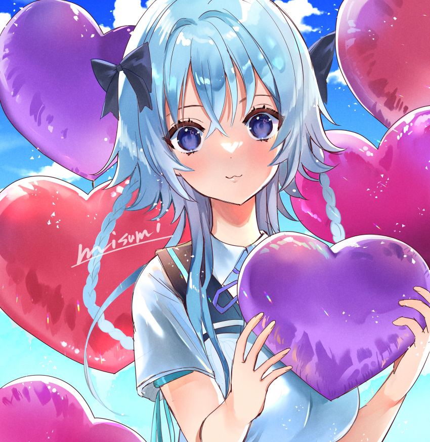 1girl, :3, absurdres, aqua_ribbon, arm_ribbon, artist_name, assault_lily, balloon