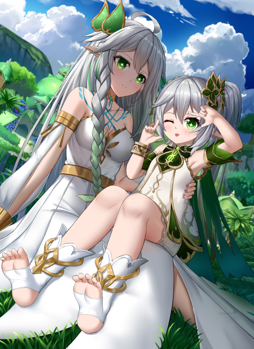 :p, absurdres, ahoge, armpits, bangs, bloomers, blue_sky, blurry
