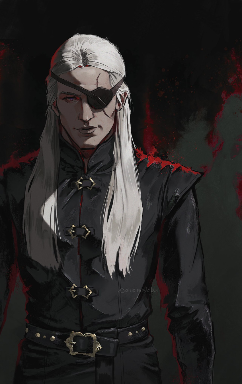 1boy, a_song_of_ice_and_fire, aemond_targaryen, alexineskiba, artist_name, belt, black_jacket, closed_mouth