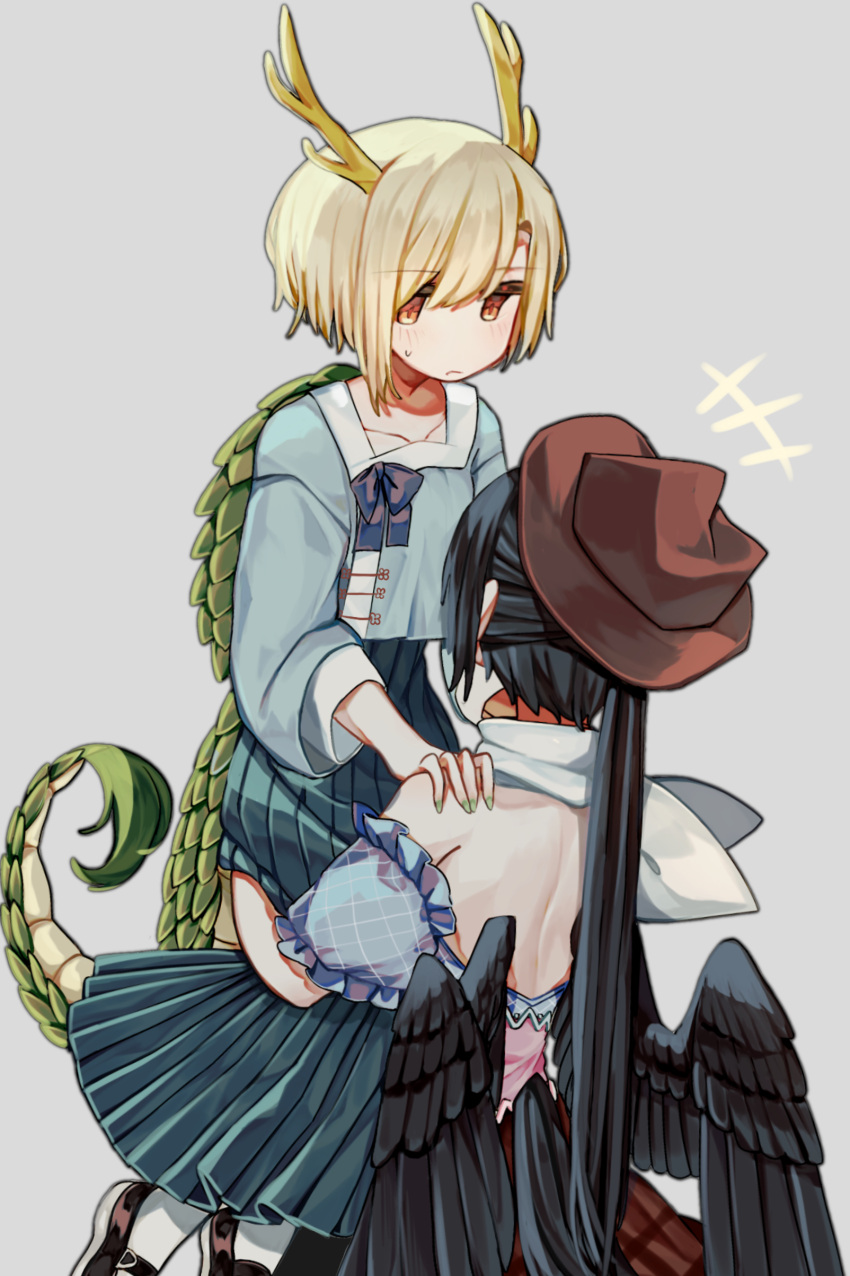 2girls, absurdres, aqua_skirt, black_hair, black_wings, blonde_hair, blue_ribbon, blue_shirt