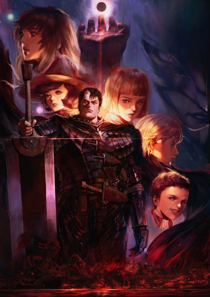 4boys, absurdres, armor, bangs, berserk, berserker_armor, black_cloak, black_hair