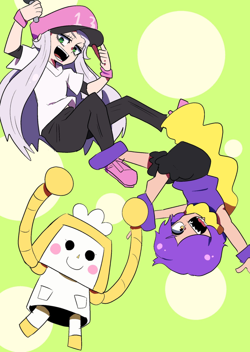 13-amp, chicken-rib, doris_1_(warioware), green_background, green_eyes, highres, long_hair, microphone, pants, robot, warioware