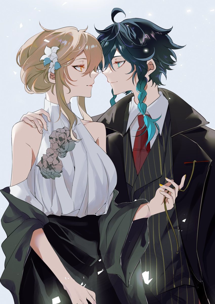 1boy, 1girl, absurdres, alternate_costume, black_hair, black_jacket, black_skirt, black_vest