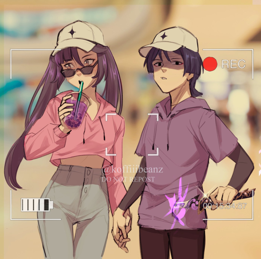 1boy, 1girl, baseball_cap, battery_indicator, black_eyes, black_hair, black_pants, bubble_tea