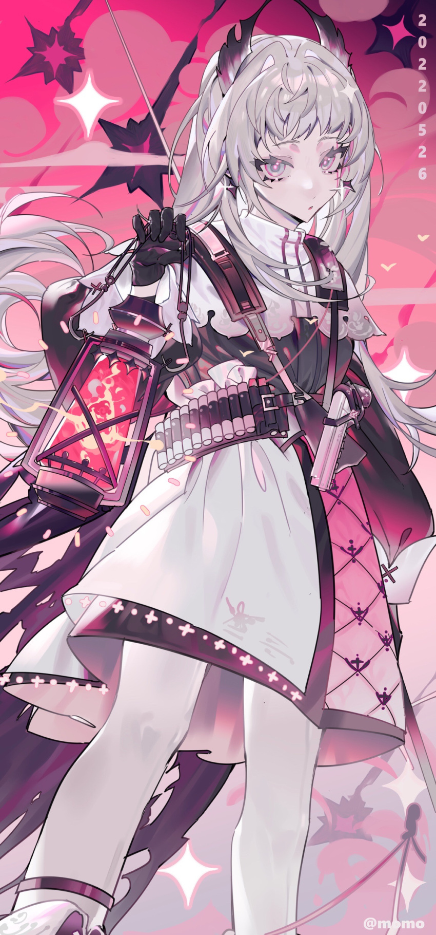 1girl, absurdres, ammunition_belt, arknights, black_dress, black_gloves, commentary_request, dated, dress, dutch_angle, earrings, feet_out_of_frame, gloves, grey_eyes, grey_hair, gun, hand_up, handgun, head_wings, highres, holding, holding_lantern, holstered_weapon, irene_(arknights), jewelry, lantern, long_hair, looking_at_viewer, multicolored_clothes, multicolored_dress, pantyhose, pink_background, pink_dress, shaojiuu, solo, taowu_(20809), weapon, white_dress, white_pantyhose