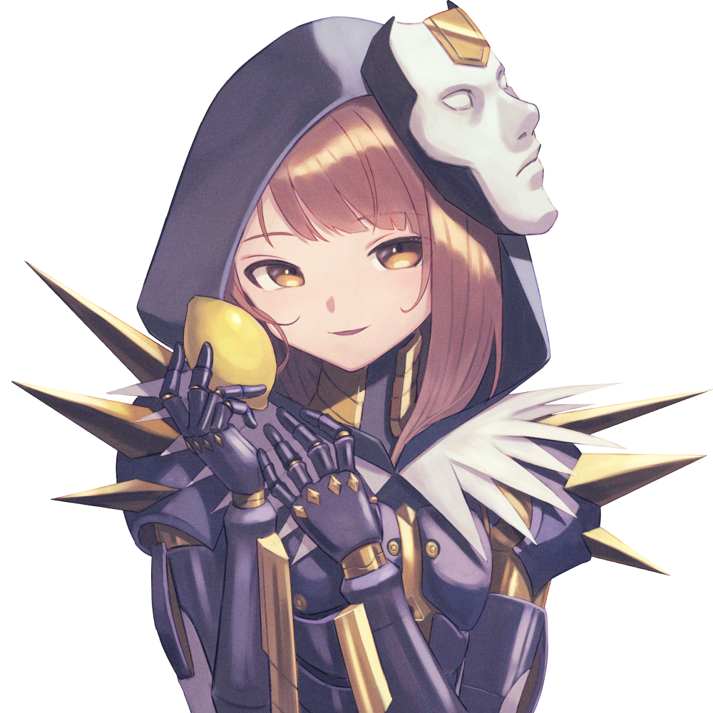 1girl, android, apex_legends, ash_(titanfall_2), ash_(titanfall_2)_(cosplay), brown_eyes, brown_hair, cosplay, fallen_angel_ash, food, fruit, fur-trimmed_hood, fur_trim, head_tilt, holding, holding_food, holding_fruit, hood, hood_up, lemon, mask, mask_on_head, open_mouth, original, portrait, shimizu_tomoki, shirt, shoulder_spikes, simple_background, smile, solo, spikes, white_background, white_shirt