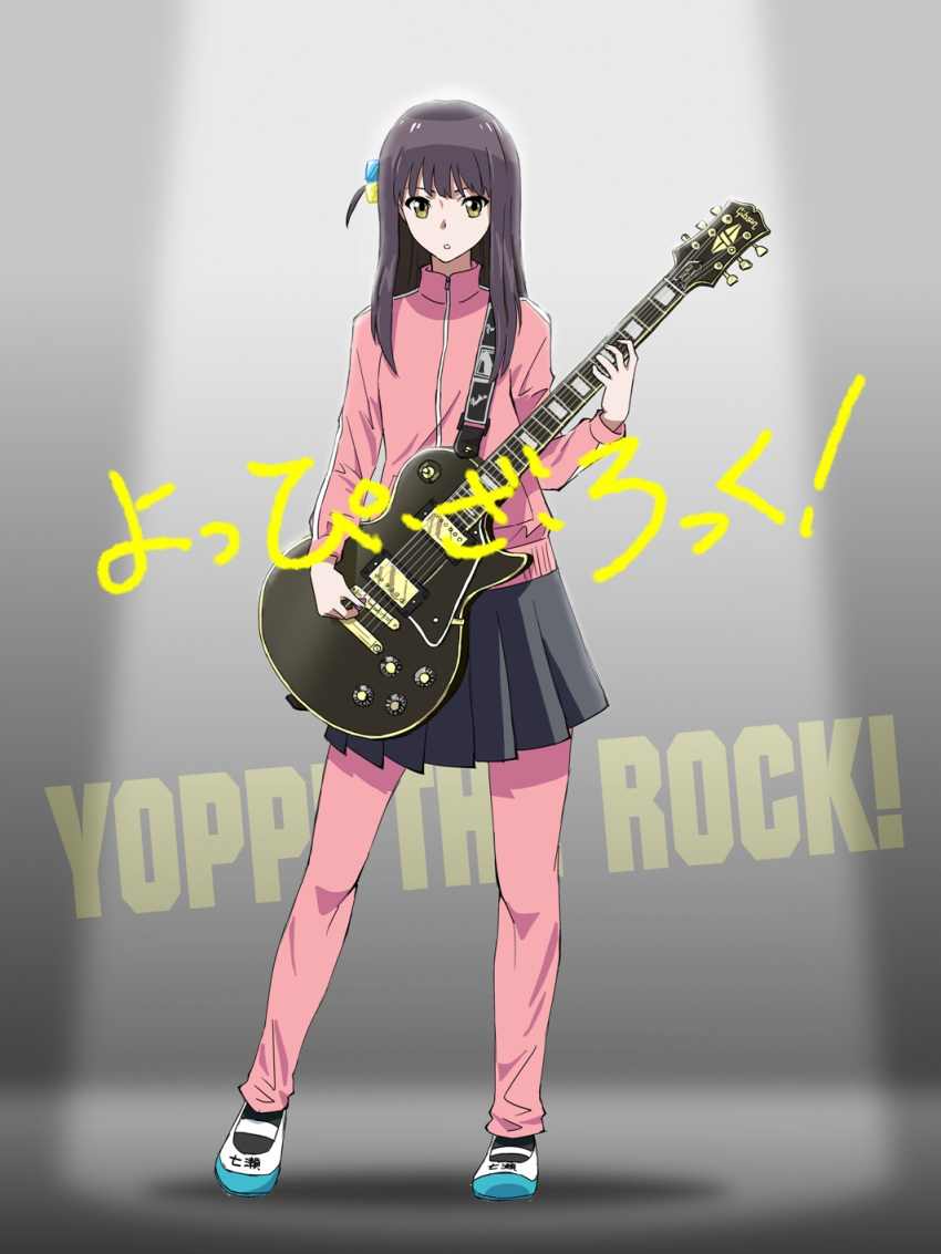 1girl, aoyama_yoshino, bangs, bocchi_the_rock!, cosplay, cube_hair_ornament, electric_guitar, gibson_les_paul, gotou_hitori, gotou_hitori_(cosplay), green_eyes, grey_skirt, guitar, hair_cubes, hair_ornament, highres, holding, holding_instrument, instrument, jacket, long_hair, looking_at_viewer, nanase_yoshino, one_side_up, open_mouth, pants, pink_jacket, pink_pants, pleated_skirt, shoes, skirt, solo, tekapu_(tkapp), track_jacket, uwabaki, voice_actor_connection, wake_up_girls!