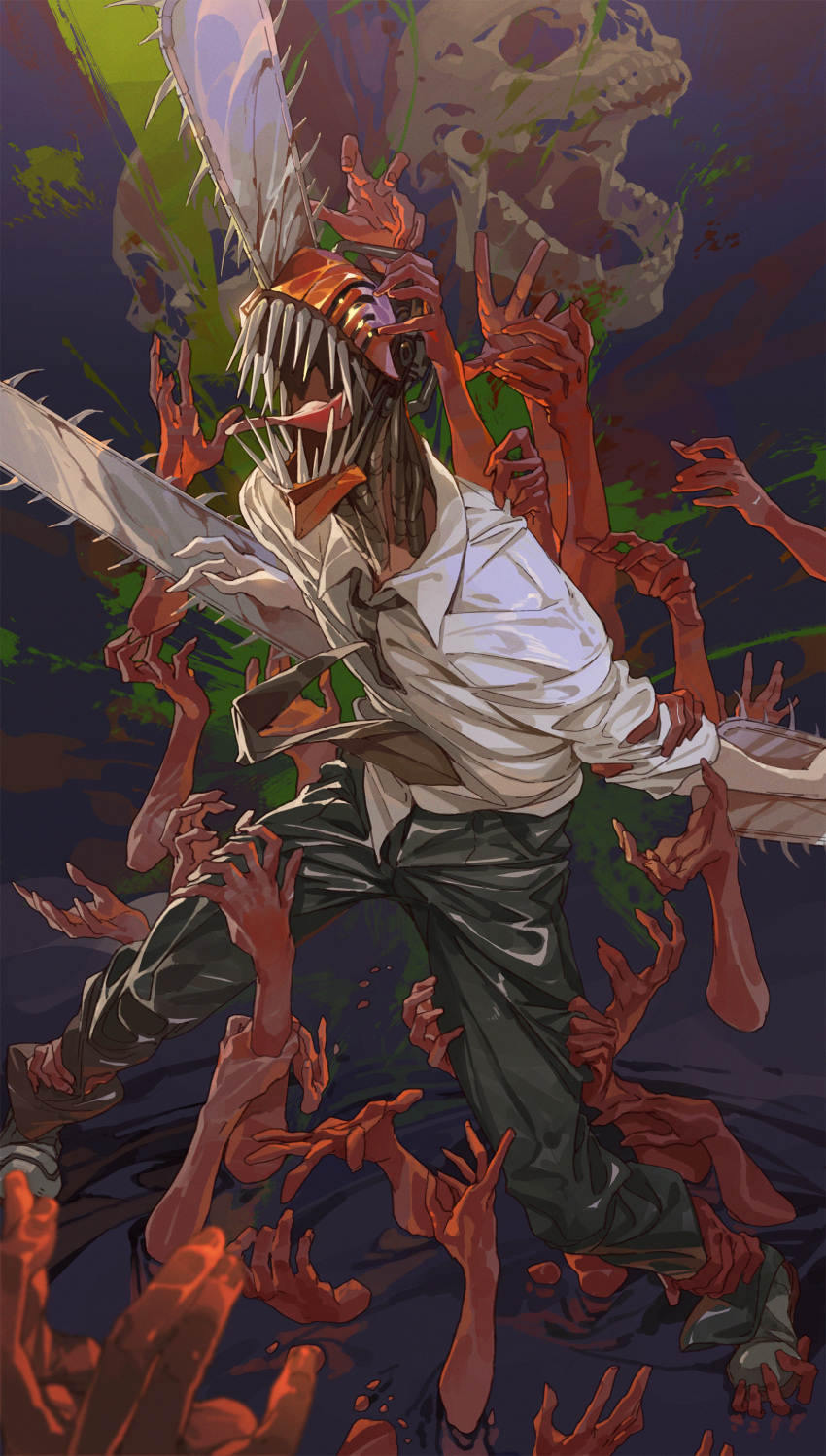 1boy, absurdres, battle, black_necktie, black_pants, chainsaw, chainsaw_man, collared_shirt