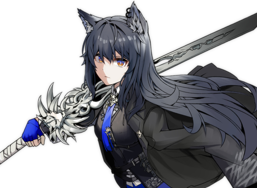 1girl, animal_ear_fluff, animal_ears, arknights, bangs, black_coat, black_hair, black_vest, blue_gloves, blue_necktie, breasts, bright_pupils, brown_eyes, closed_mouth, coat, coat_on_shoulders, gloves, highres, lancer_(worudrleh1), long_hair, looking_at_viewer, medium_breasts, necktie, over_shoulder, solo, sword, sword_over_shoulder, texas_(arknights), texas_the_omertosa_(arknights), upper_body, very_long_hair, vest, weapon, weapon_over_shoulder, wolf_ears
