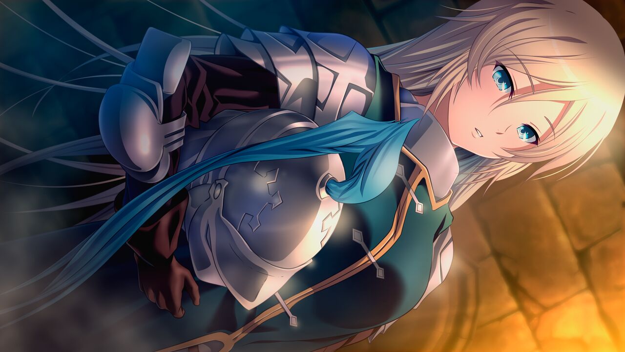 1girl, armor, bangs, blonde_hair, blue_eyes, blurry, blurry_background, brown_gloves