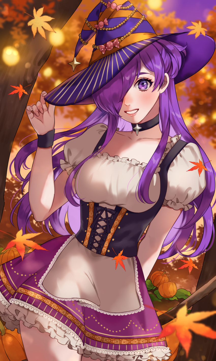 1girl, alternate_costume, arm_behind_back, autumn_leaves, black_choker, choker, collarbone, commentary_request