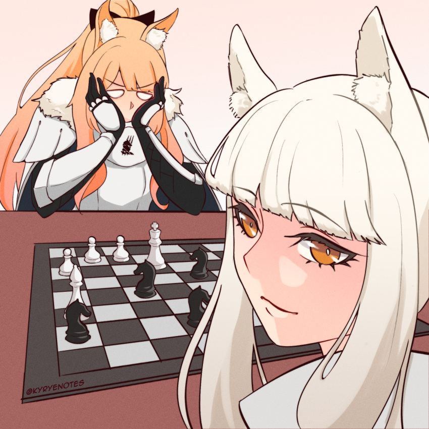 2girls, animal_ears, arknights, armor, bangs, bishop_(chess), blemishine_(arknights), blonde_hair