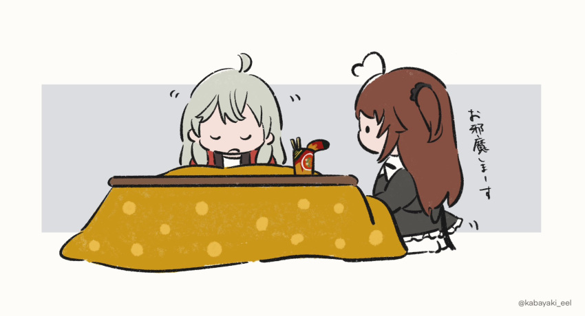 2girls, ahoge, assault_lily, black_scrunchie, black_skirt, brown_hair, chibi, closed_eyes