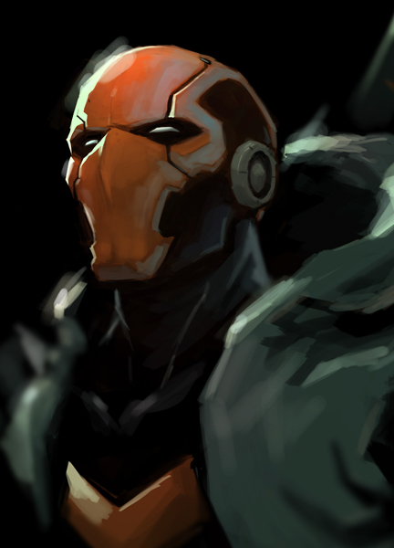 1boy, batman_(series), bodysuit, dc_comics, dexter_soy, emblem, helmet, hood, jason_todd, looking_away, male_focus, mask, portrait, profile, red_hood_(dc), red_ronin_(dc), simple_background, solo, standing, superhero, upper_body, white_eyes, white_hood