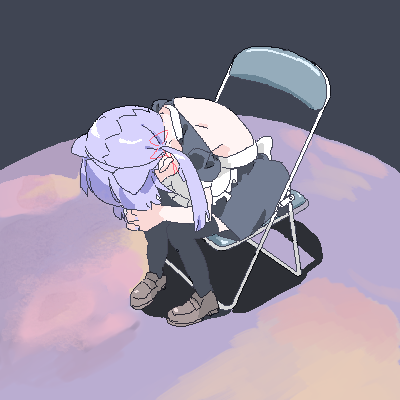 1girl, animal_ears, back, black_thighhighs, chair, detached_sleeves, folding_chair, ikari_shinji, juliet_sleeves, loafers, long_sleeves, low_twintails, lowres, meme, neon_genesis_evangelion, oekaki, parody, puffy_sleeves, purple_hair, rokuro-chan, rokuro_no_mawashimono, shinji_in_a_chair_(meme), shoes, skirt, thigh-highs, twintails