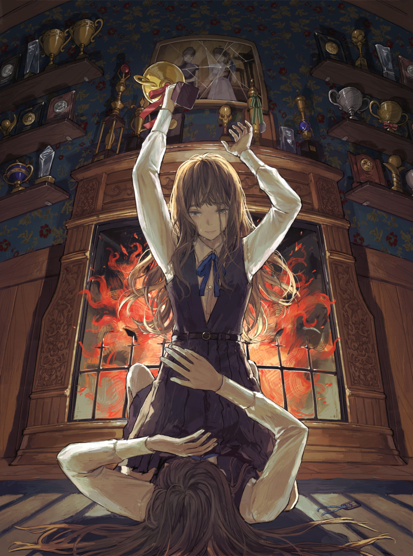 2girls, absurdres, bangs, belt, black_belt, black_dress, brown_hair, closed_mouth