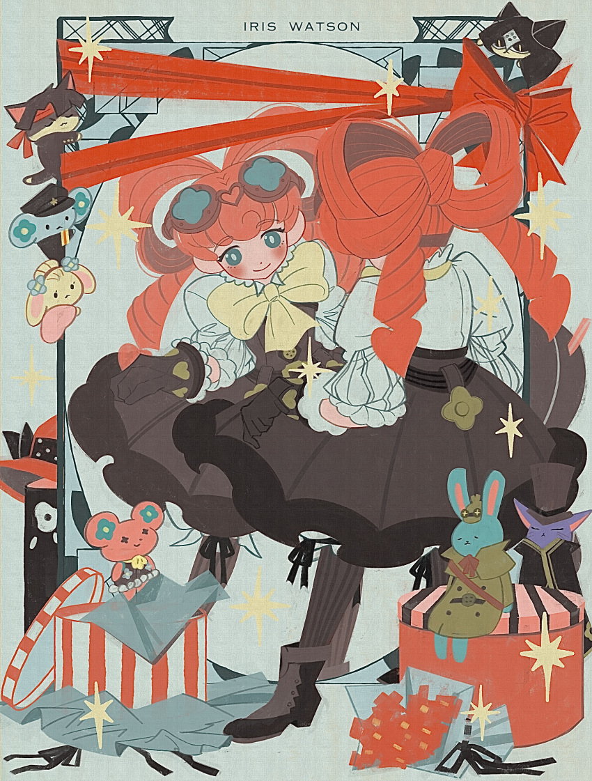 1girl, ace_attorney, bangs, blue_eyes, bow, box, gloves, goggles, goggles_on_head, hair_rings, highres, iris_wilson, mirror, pink_hair, reflection, ribbon, shino_bunnys, shirt, smile, solo, stuffed_toy, the_great_ace_attorney