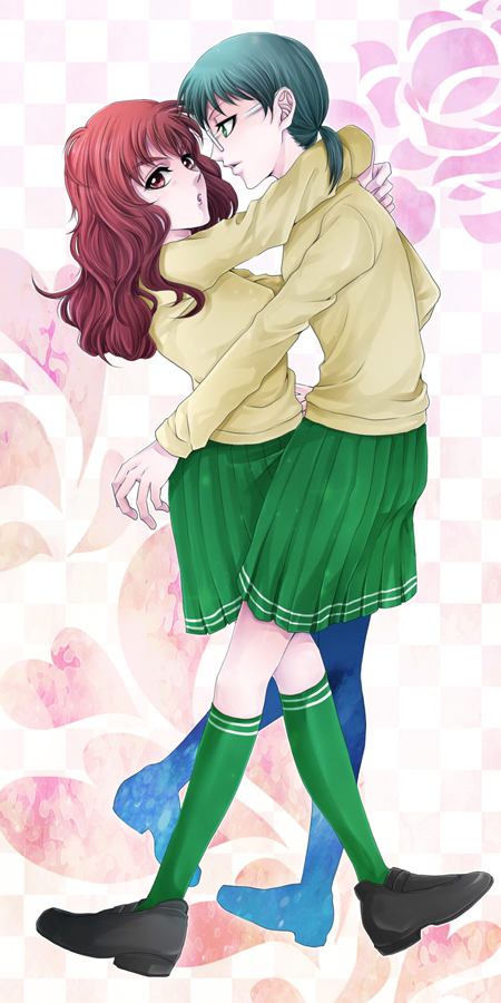 2girls, black_footwear, brown_eyes, brown_hair, enomoto_yuiko, glasses, green_hair, green_skirt, green_socks, hug, kafuyutns, kneehighs, long_hair, long_sleeves, love_lab, mizushima_sayori, multiple_girls, short_twintails, skirt, socks, standing, twintails, yuri