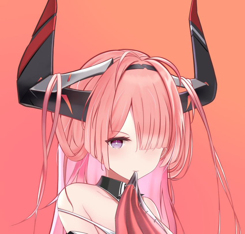 1girl, asymmetrical_hair, azur_lane, bare_shoulders, black_collar, black_horns, collar, commentary